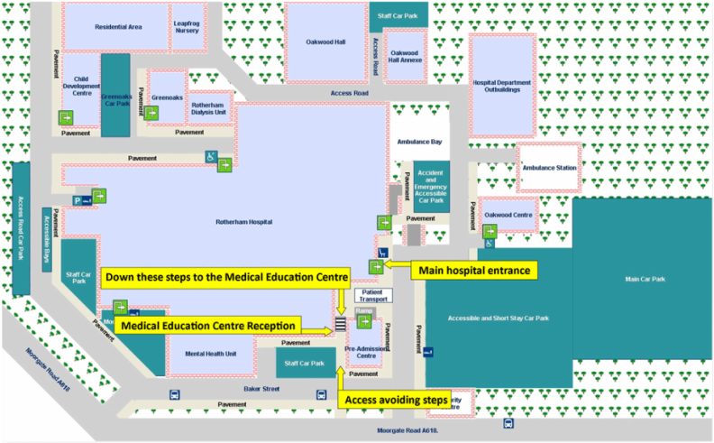 Rotherham Hospital site map showing route to Medical Education Department